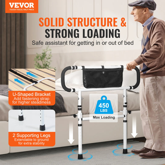 SucceBuy Bed Rails for Elderly Adults Foldable Bed Assist Rails for Seniors Loading Bed Side Rails Bed Cane w/ Adjustable Handle